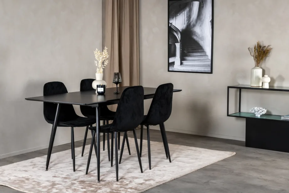 Silar ristkülikukujuline must söögilaua komplekt, MDF-plaadist laud ja sametkattega toolid, GR19641 – 6