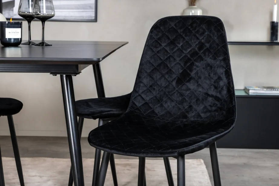 Silar ristkülikukujuline must söögilaua komplekt, MDF-plaadist laud ja sametkattega toolid, GR19641 – 7