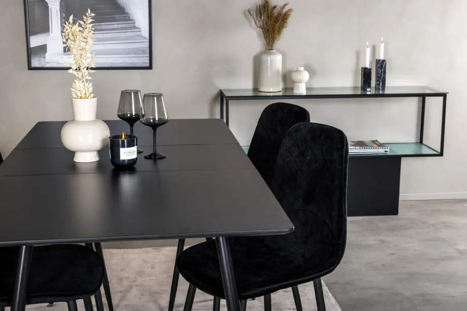 Silar ristkülikukujuline must söögilaua komplekt, MDF-plaadist laud ja sametkattega toolid, GR19641 – 9