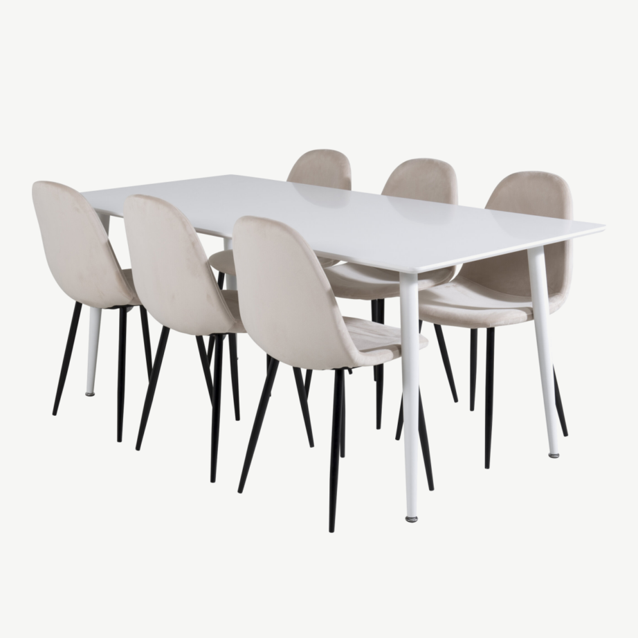 Polar valge söögitoakomplekt: MDF laud ja beeži velvetkattega toolid, GR19668