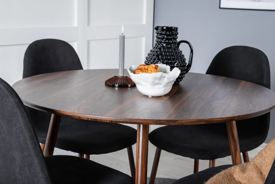 Plaza ümmarguse söögilaua komplekt pähkliviimistlusega, 100 cm + mustad Polar toolid, GR19671 – 7