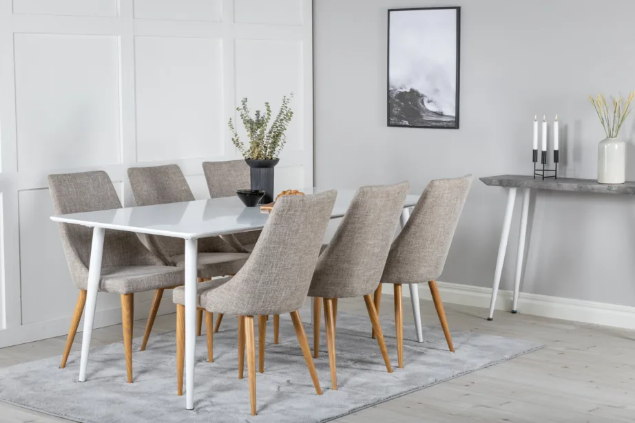 Polar ristkülikukujuline valge söögilaua komplekt 6 helehalli tooliga (metalljalad, valge lauaplaat), GR19672 – 6