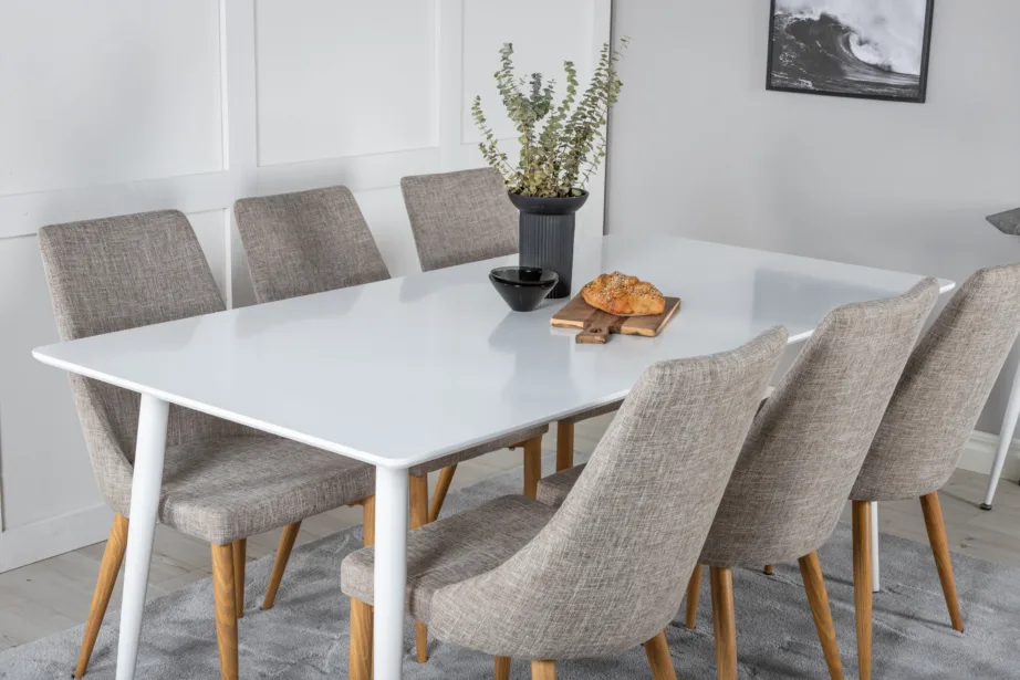 Polar ristkülikukujuline valge söögilaua komplekt 6 helehalli tooliga (metalljalad, valge lauaplaat), GR19672 – 8