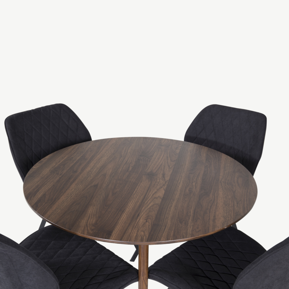 Ümmargune söögilauakomplekt Plaza pähkliviimistlusega, 4 musta tooliga Gemma sarjast, GR19675 – 3