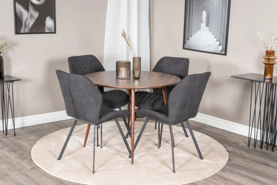 Ümmargune söögilauakomplekt Plaza pähkliviimistlusega, 4 musta tooliga Gemma sarjast, GR19675 – 4