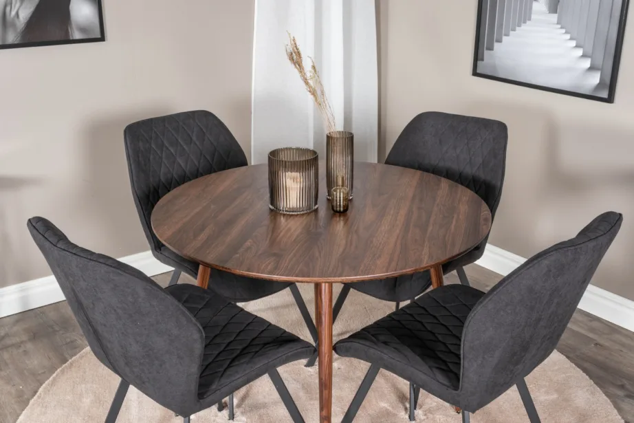 Ümmargune söögilauakomplekt Plaza pähkliviimistlusega, 4 musta tooliga Gemma sarjast, GR19675 – 6