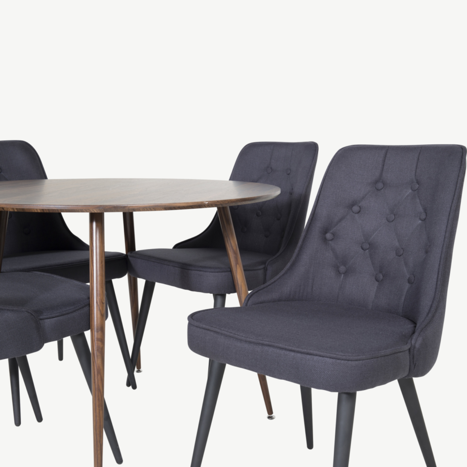 Plaza ümmargune pähklitoonis söögilauakomplekt mustade Velvet Deluxe tugitoolidega - GR19676