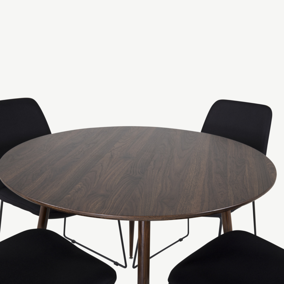 Plaza ümmargune söögilauakomplekt pähkliviimistluse ja mustade Muce toolidega (4 tk), GR19682 – 2