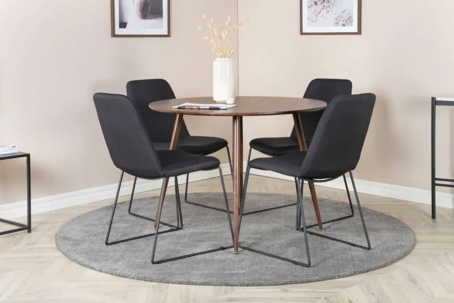 Plaza ümmargune söögilauakomplekt pähkliviimistluse ja mustade Muce toolidega (4 tk), GR19682 – 4