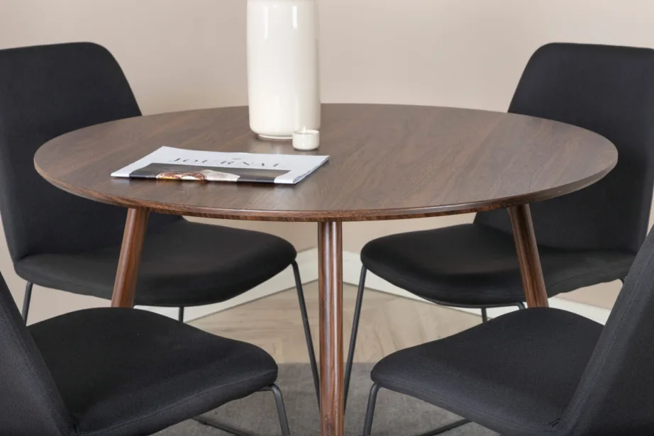 Plaza ümmargune söögilauakomplekt pähkliviimistluse ja mustade Muce toolidega (4 tk), GR19682 – 6