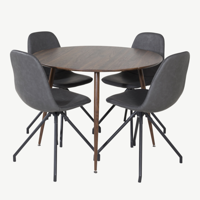 Ümmargune söögilaud Plaza (pähklitooni, ø100 cm) ja Polar pöördtoolid (must PU, 4 tk) komplekt - GR19683