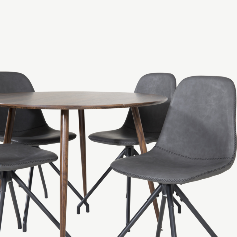 Ümmargune söögilaud Plaza (pähklitooni, ø100 cm) ja Polar pöördtoolid (must PU, 4 tk) komplekt - GR19683