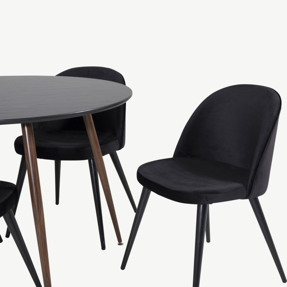 Plaza ümmargune must söögilauakomplekt samettoolidega, GR19729 – 2