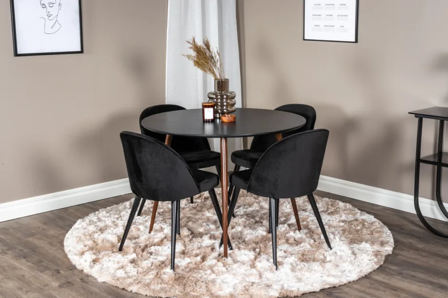 Plaza ümmargune must söögilauakomplekt samettoolidega, GR19729 – 4