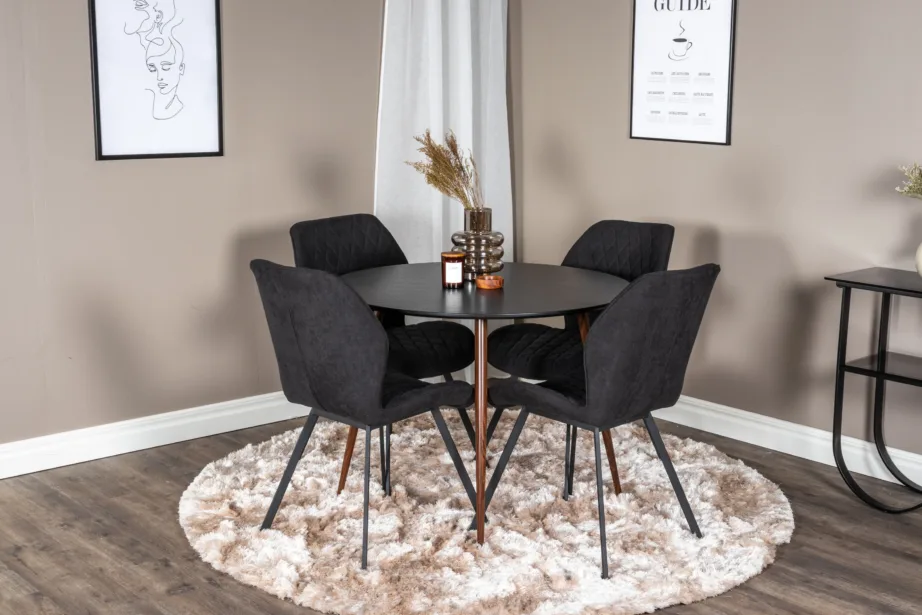 Ümar söögilaud Plaza 100 cm ja mustad sametist toolid Gemmale, GR19731 – 4