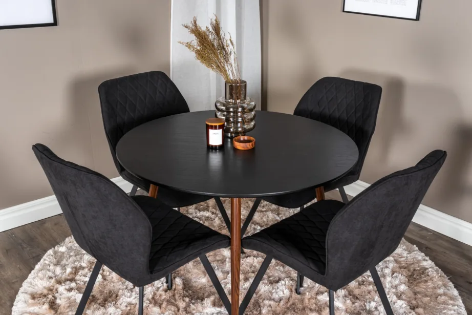 Ümar söögilaud Plaza 100 cm ja mustad sametist toolid Gemmale, GR19731 – 6