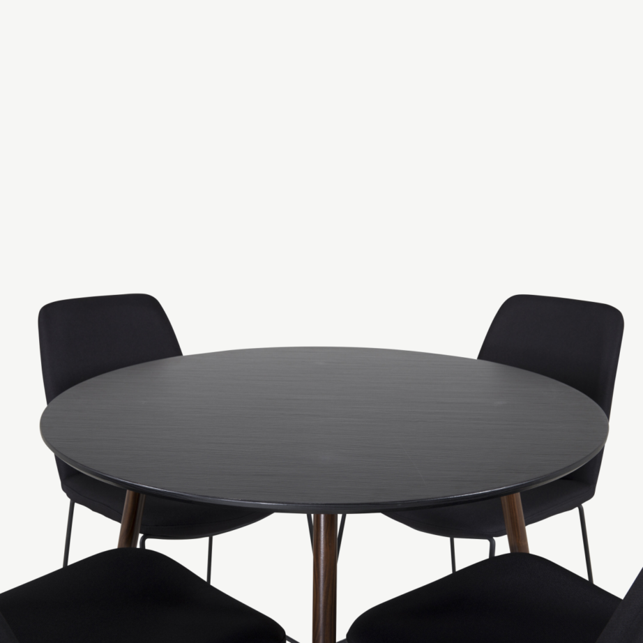 Ümmargune söögilaud Plaza musta lauaplaadiga, pähklitoonis jalgade ja Muce mustade söögitoolidega, GR19736 – 2