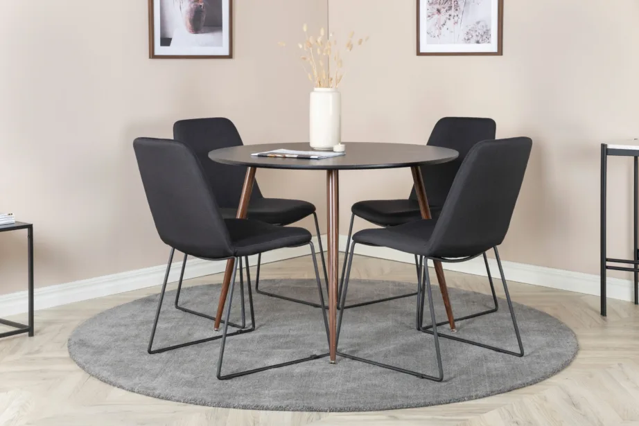 Ümmargune söögilaud Plaza musta lauaplaadiga, pähklitoonis jalgade ja Muce mustade söögitoolidega, GR19736 – 4