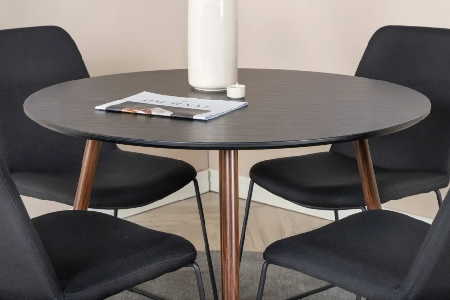 Ümmargune söögilaud Plaza musta lauaplaadiga, pähklitoonis jalgade ja Muce mustade söögitoolidega, GR19736 – 6