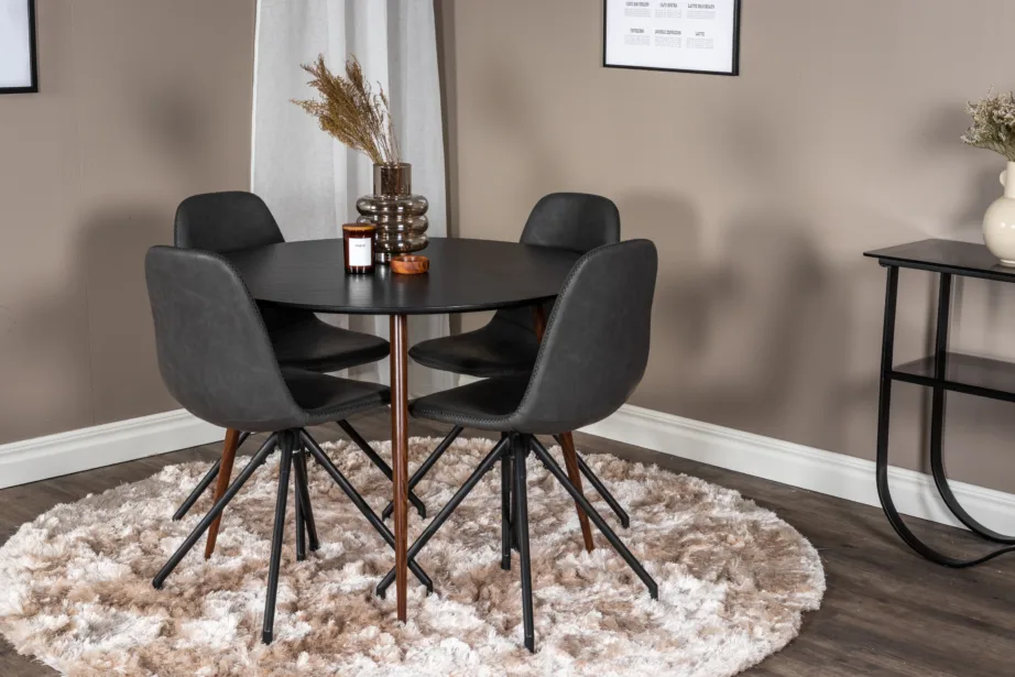 Plaza ümmargune söögilauakomplekt, must MDF, pähklitoonist jalad, mustad pöördtoolid PU-kunstnahaga, GR19737 – 3