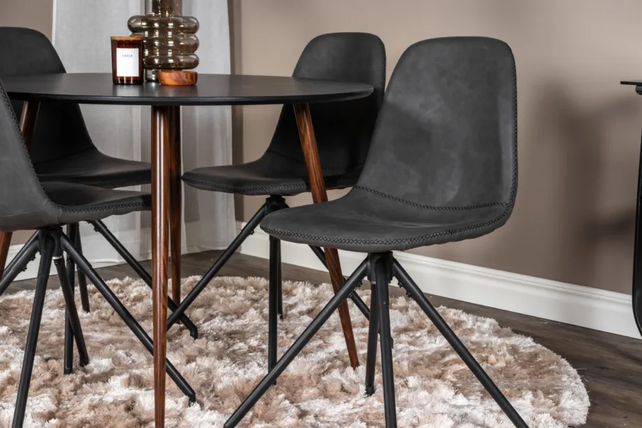 Plaza ümmargune söögilauakomplekt, must MDF, pähklitoonist jalad, mustad pöördtoolid PU-kunstnahaga, GR19737 – 4