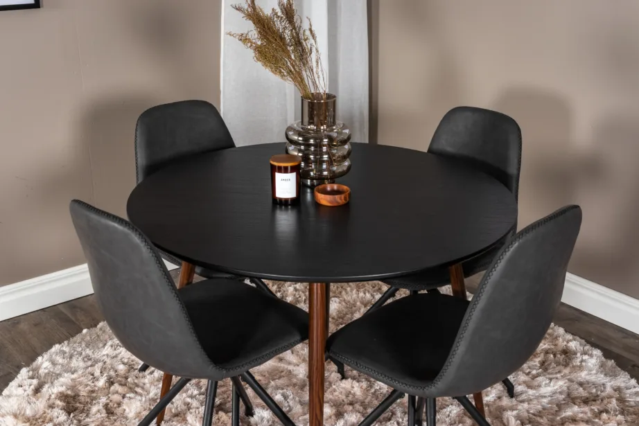 Plaza ümmargune söögilauakomplekt, must MDF, pähklitoonist jalad, mustad pöördtoolid PU-kunstnahaga, GR19737 – 5