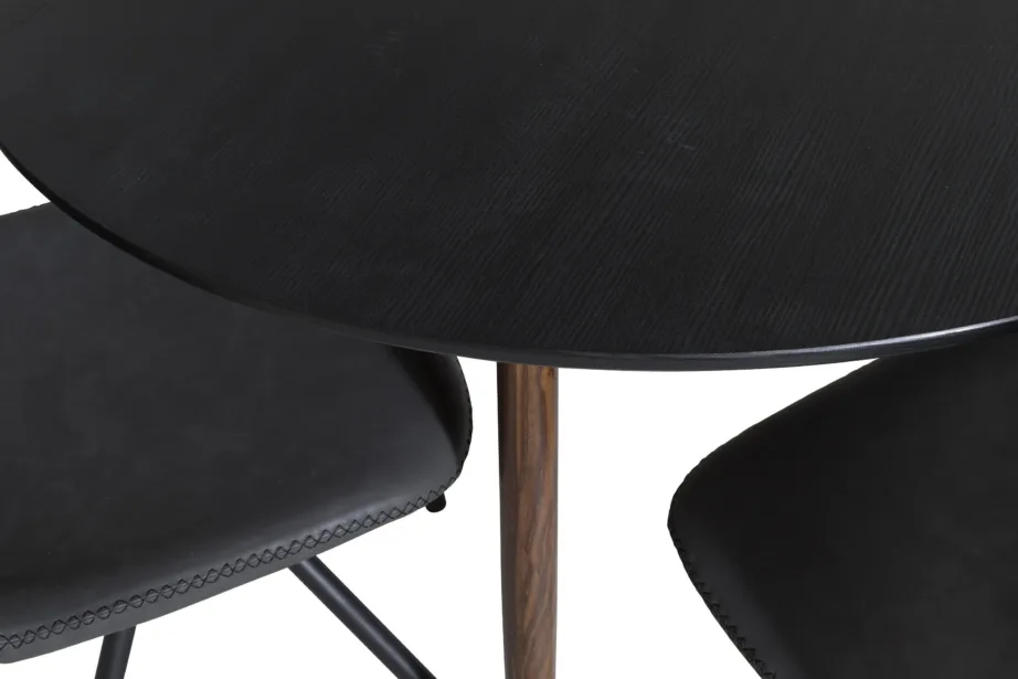 Plaza ümmargune söögilauakomplekt, must MDF, pähklitoonist jalad, mustad pöördtoolid PU-kunstnahaga, GR19737 – 6