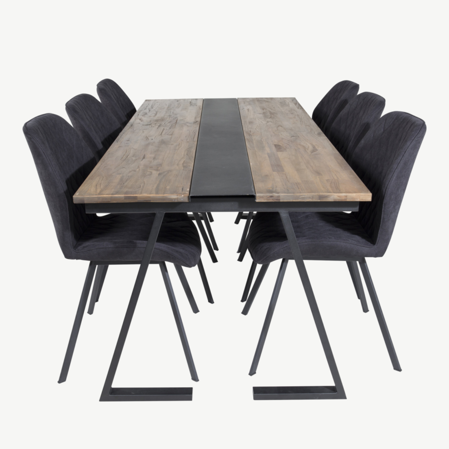 Jakarta ristkülikukujuline tiigipuust söögilaud ja mustad Gemma toolid (200×90 cm, metallraam), GR19751 – 2