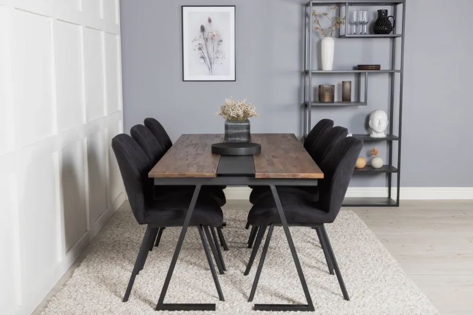 Jakarta ristkülikukujuline tiigipuust söögilaud ja mustad Gemma toolid (200×90 cm, metallraam), GR19751 – 5