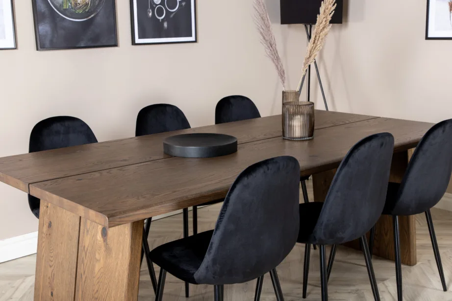 Tammepuidust ristkülikukujuline söögilaua komplekt Logger mustade Polar samettoolidega, GR19768 – 8