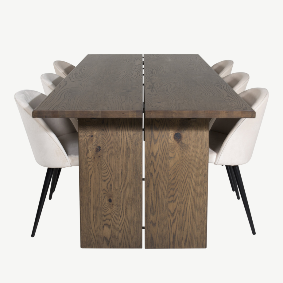 Pikendatav suitsutatud tammest söögilaud Logger ja 6 beežide sametpolsterdatud tooliga, GR19772 – 2