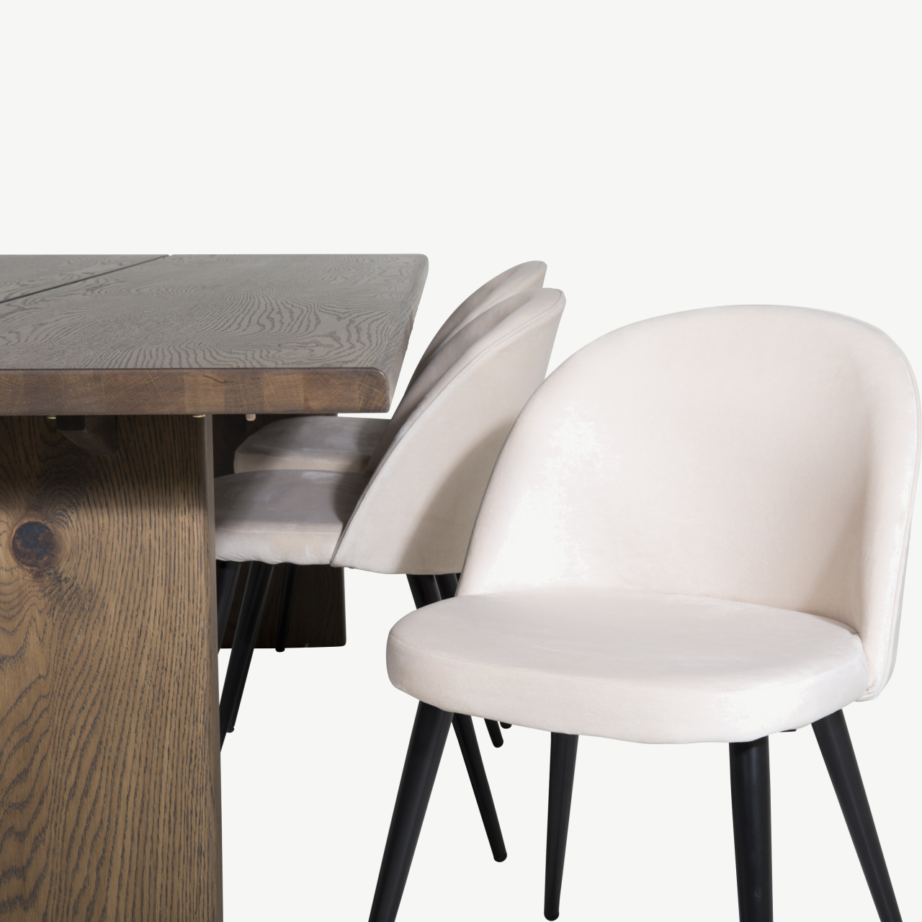 Pikendatav suitsutatud tammest söögilaud Logger ja 6 beežide sametpolsterdatud tooliga, GR19772 – 3