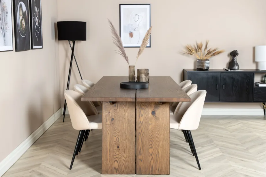 Pikendatav suitsutatud tammest söögilaud Logger ja 6 beežide sametpolsterdatud tooliga, GR19772 – 5