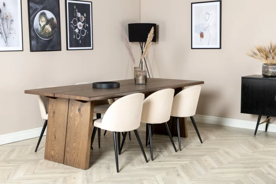 Pikendatav suitsutatud tammest söögilaud Logger ja 6 beežide sametpolsterdatud tooliga, GR19772 – 6