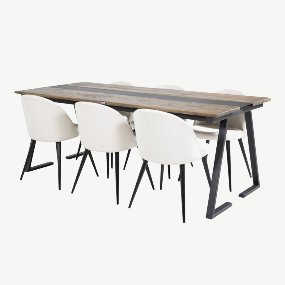 Tiigipuust söögilaua komplekt Jakarta musta terasraamiga ja kreemikate velvettoolidega, GR19785 – 3