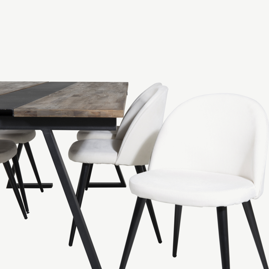 Tiigipuust söögilaua komplekt Jakarta musta terasraamiga ja kreemikate velvettoolidega, GR19785 – 4