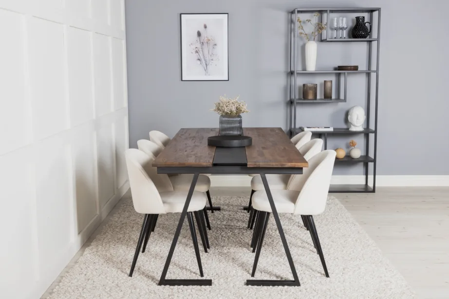 Tiigipuust söögilaua komplekt Jakarta musta terasraamiga ja kreemikate velvettoolidega, GR19785 – 5