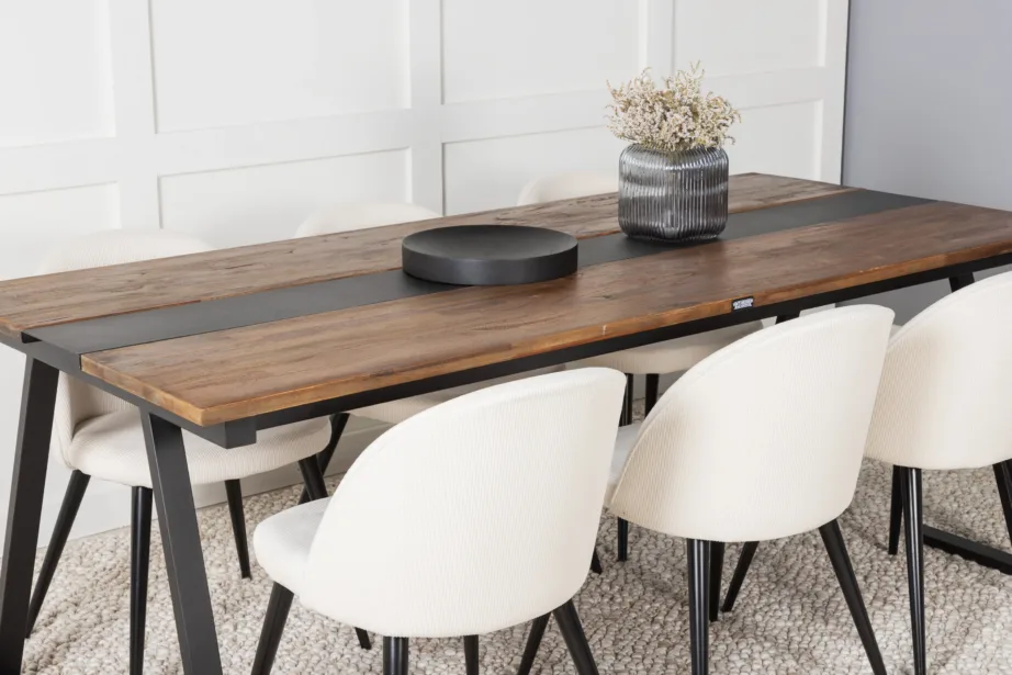 Tiigipuust söögilaua komplekt Jakarta musta terasraamiga ja kreemikate velvettoolidega, GR19785 – 8