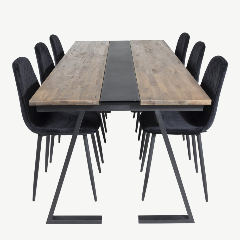 Jakarta tiigipuidust söögilaua komplekt mustade sametist Polar toolidega, GR19786 – 2