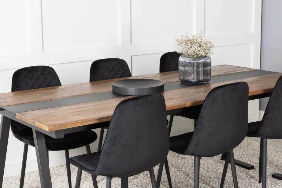 Jakarta tiigipuidust söögilaua komplekt mustade sametist Polar toolidega, GR19786 – 8