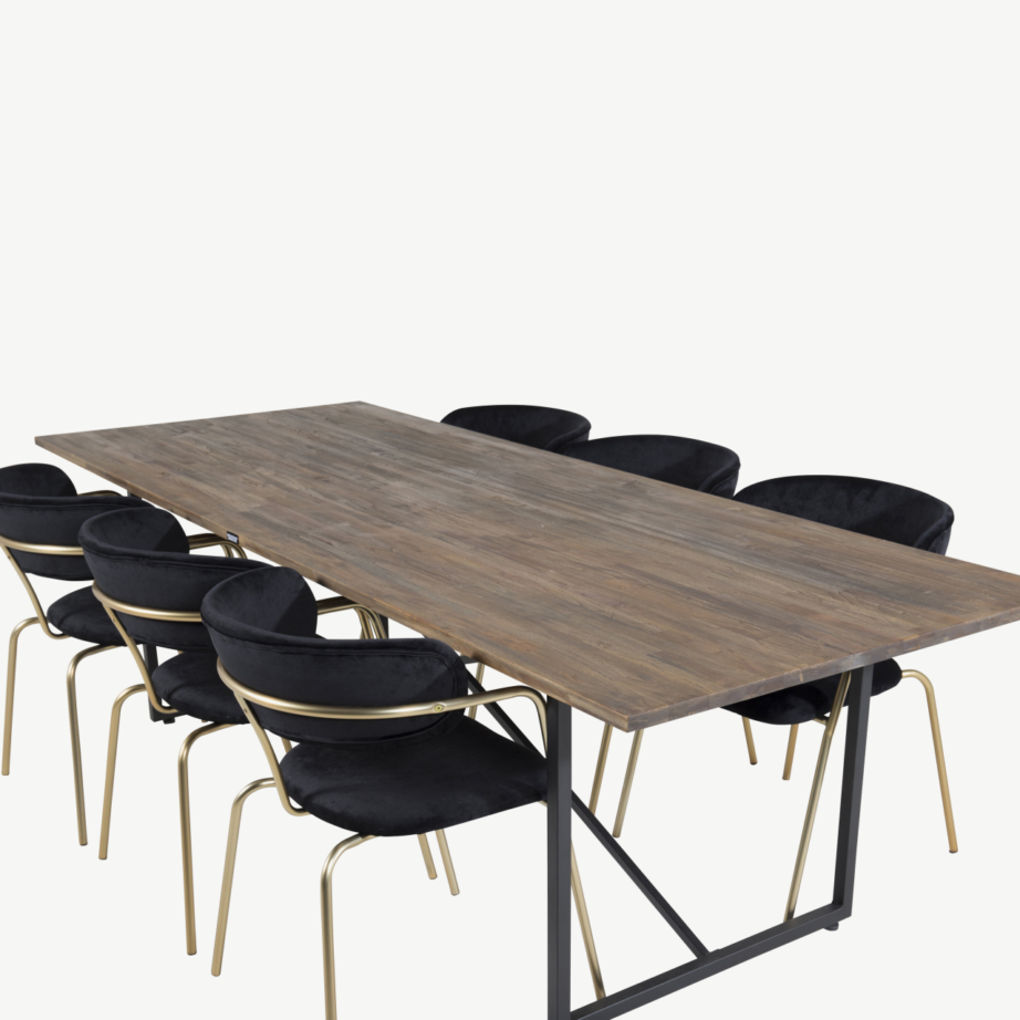 Tiigipuust söögilauakomplekt Padang ja 6 musta sametist Arrow tugitooli (kuldsete jalgadega), GR19787 – 4