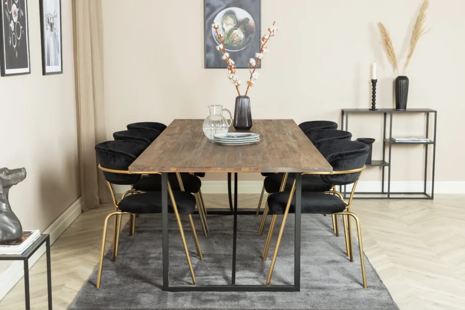 Tiigipuust söögilauakomplekt Padang ja 6 musta sametist Arrow tugitooli (kuldsete jalgadega), GR19787 – 5
