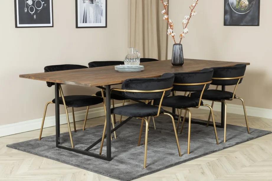Tiigipuust söögilauakomplekt Padang ja 6 musta sametist Arrow tugitooli (kuldsete jalgadega), GR19787 – 6