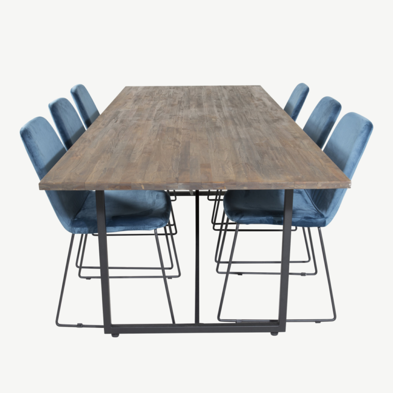 Padangi tiigipuidust söögikomplekt: suur 250×100 cm laud ja sinised sametist Muce toolid - GR19788