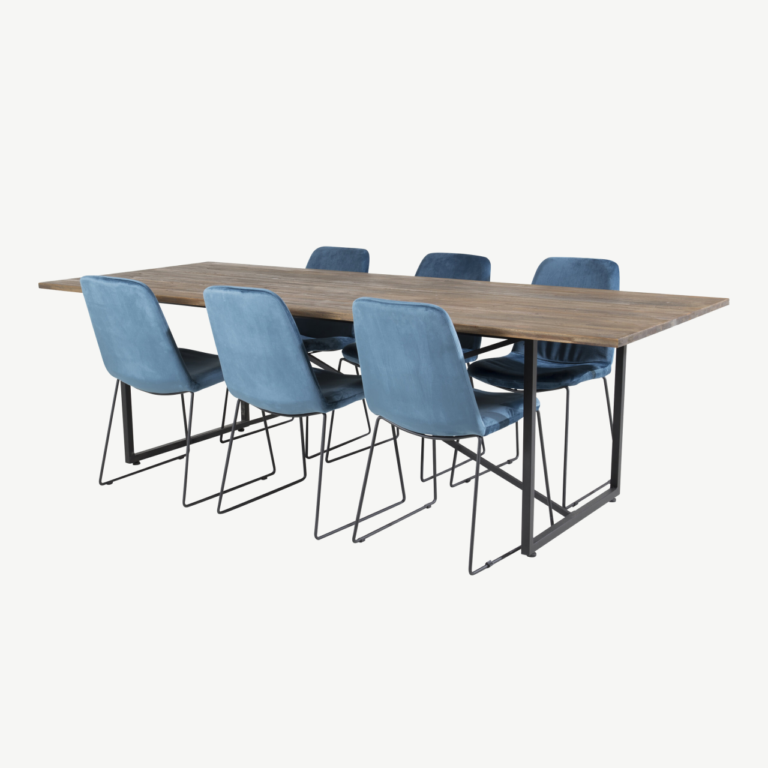 Padangi tiigipuidust söögikomplekt: suur 250×100 cm laud ja sinised sametist Muce toolid - GR19788