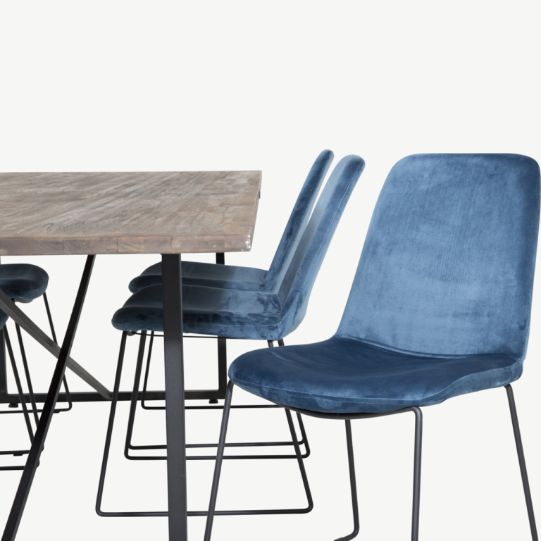 Padangi tiigipuidust söögikomplekt: suur 250×100 cm laud ja sinised sametist Muce toolid - GR19788