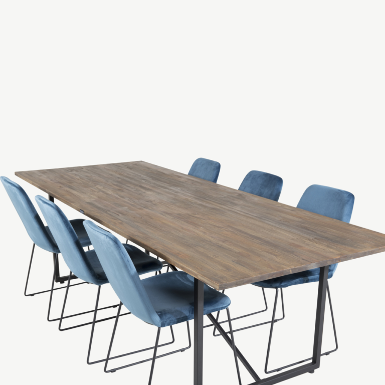 Padangi tiigipuidust söögikomplekt: suur 250×100 cm laud ja sinised sametist Muce toolid - GR19788