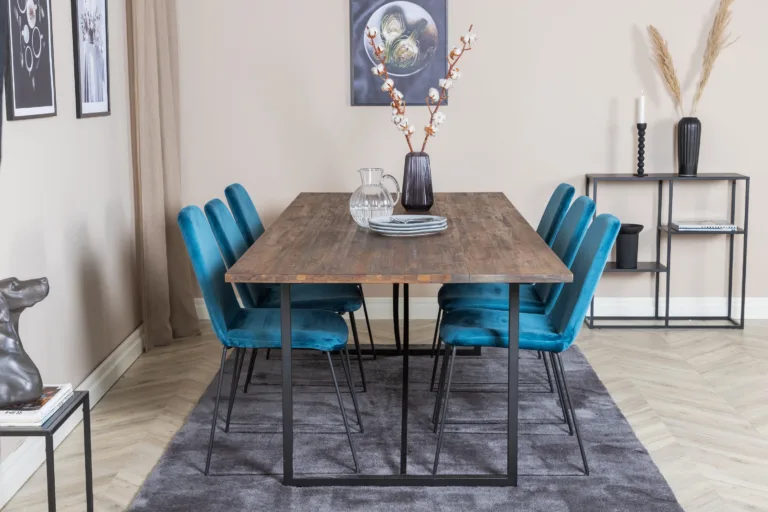 Padangi tiigipuidust söögikomplekt: suur 250×100 cm laud ja sinised sametist Muce toolid - GR19788