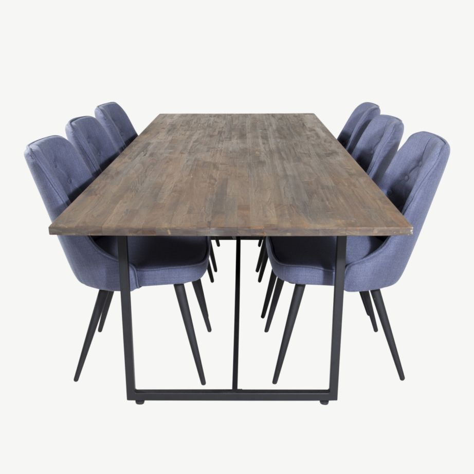 Padangi ristkülikukujuline tiigipuust söögilaud (250×100 cm) ja Velvet Deluxe sinise kangaga toolid, GR19790 – 2