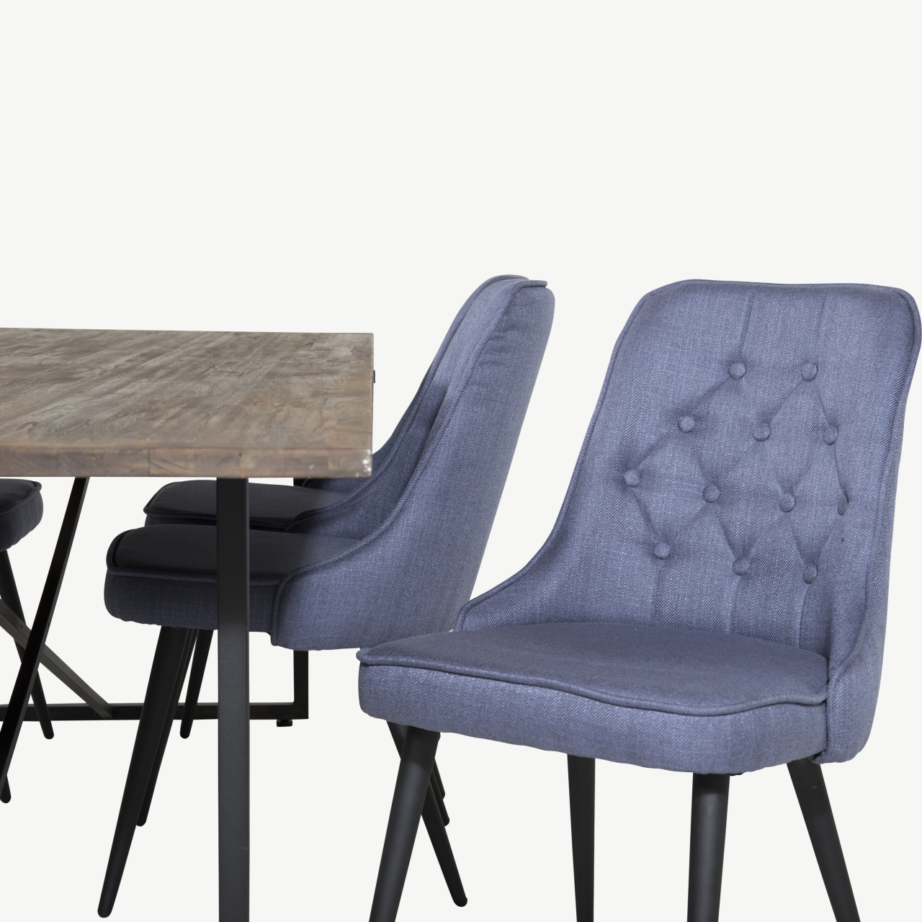 Padangi ristkülikukujuline tiigipuust söögilaud (250×100 cm) ja Velvet Deluxe sinise kangaga toolid, GR19790 – 3